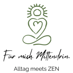 Strichzeichnung von Meditierenden mit Herz: Für mich, mittendrin - Alltag meets Zen.
