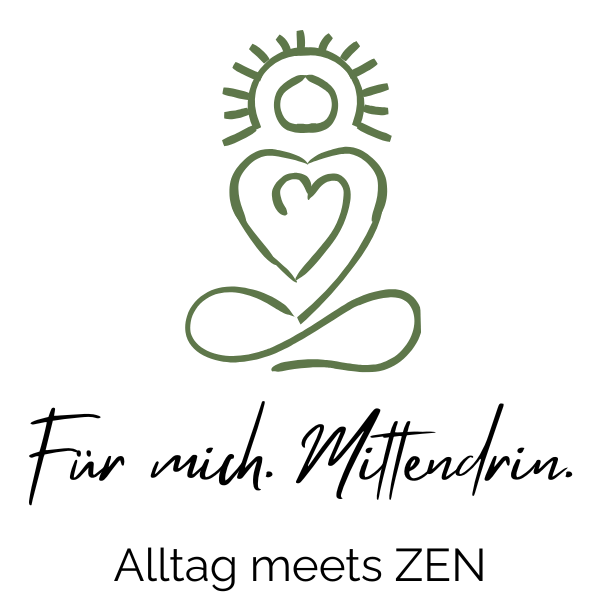 Strichzeichnung von Meditierenden mit Herz: Für mich, mittendrin - Alltag meets Zen.